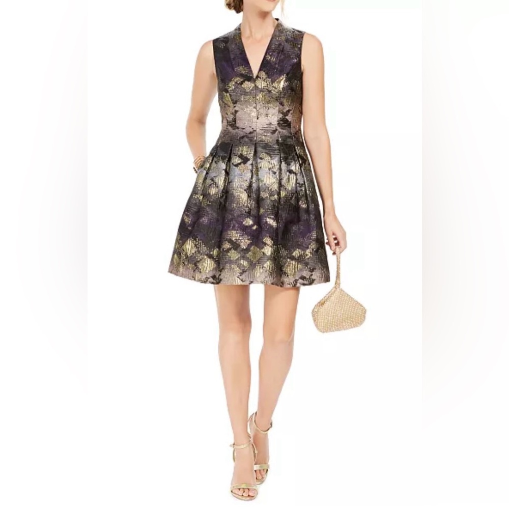 Vince Camuto Gold Pleated Fit and Flare Mini Dress